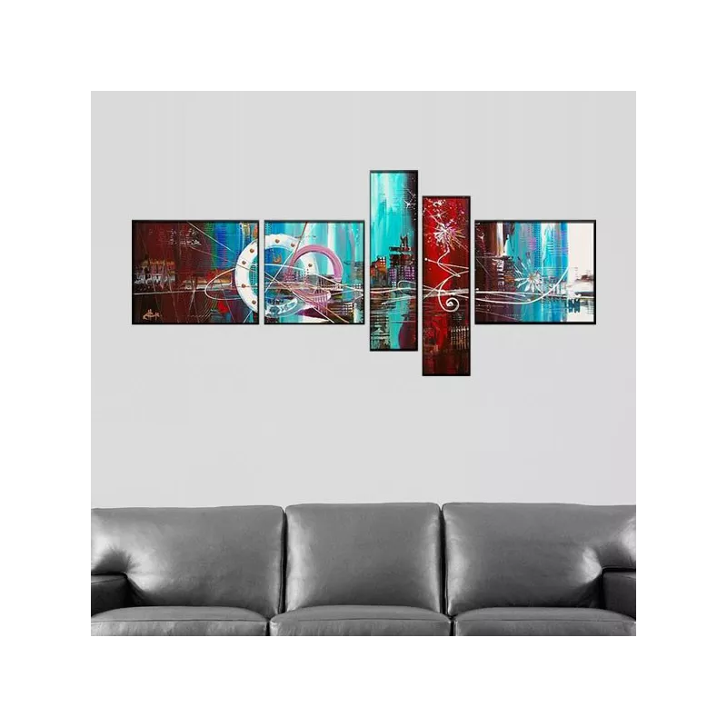 5-panel polyptych in red and sky blue
