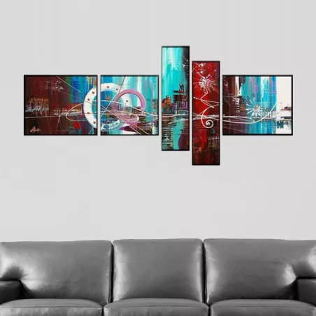 5-panel polyptych in red and sky blue