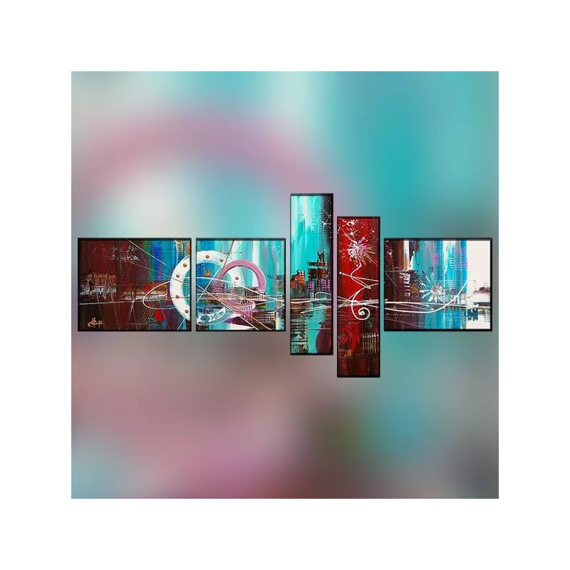 5-panel polyptych in red and sky blue