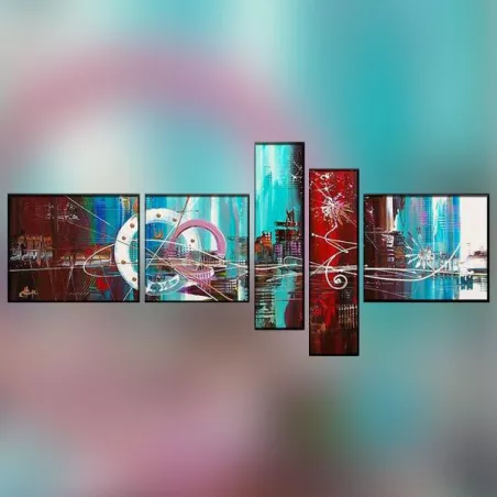 5-panel polyptych in red and sky blue
