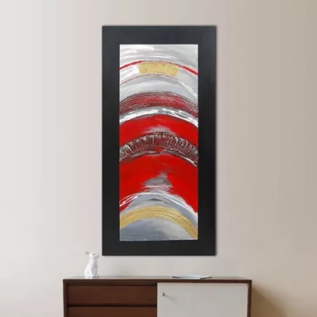 Peinture abstraite rouge et métal, 120 x 60x 4 cm