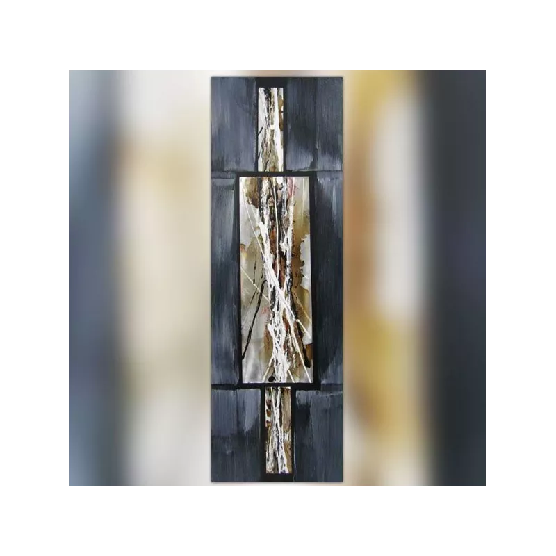Abstrakt komposition i musegrå og metal, 40 x 120 cm