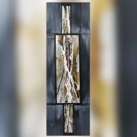 Abstrakt komposition i musegrå og metal, 40 x 120 cm
