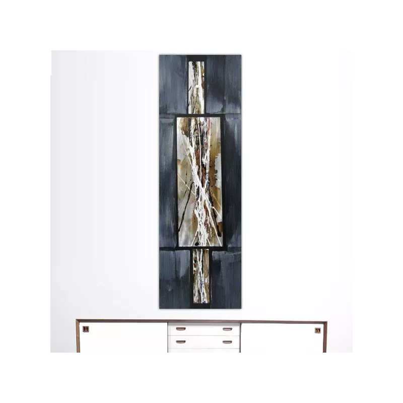 Abstrakt komposition i musegrå og metal, 40 x 120 cm