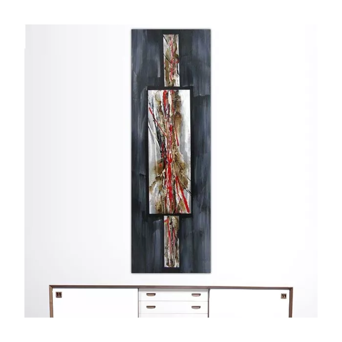 Tableau abstrait rouge et ardoise, 40 x 120 cm