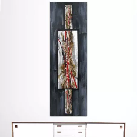 Tableau abstrait rouge et ardoise, 40 x 120 cm