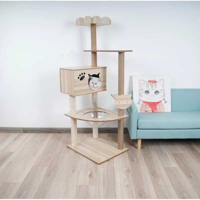 Arbre à chat en bois massif - Idéal pour chats aventuriers