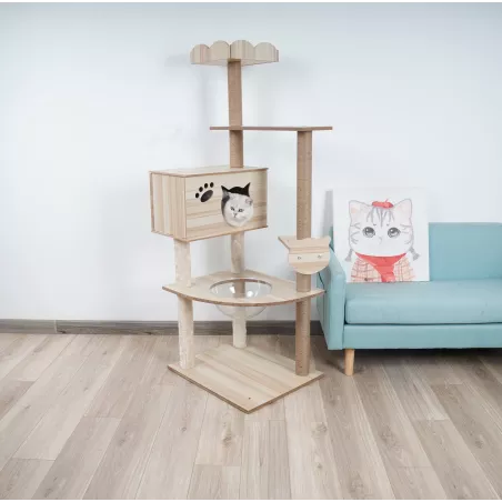 Albero per gatti in legno massiccio - Ideale per gatti avventurosi