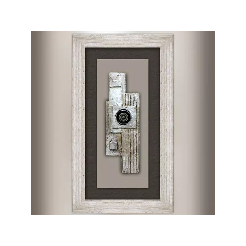 Designmaleri, collage på træ og øjekop 70x40cm
