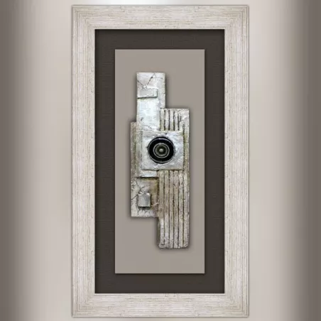 Designmaleri, collage på træ og øjekop 70x40cm