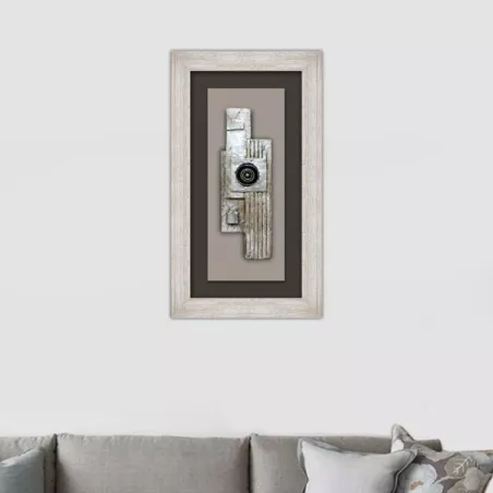 Designmaleri, collage på træ og øjekop 70x40cm