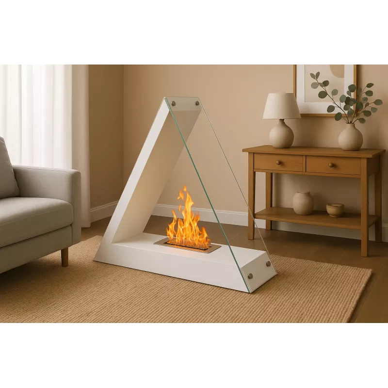 Kheops triangular bio ethanol fireplace, 80x68x30cm Colour White