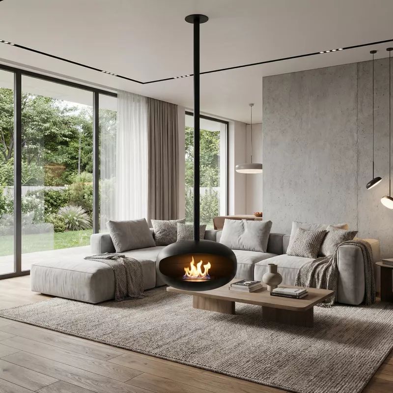 Chimenea de etanol suspendida Centonova - Cerrada por un lado Altura H. 190 cm - Tubo 150 cm