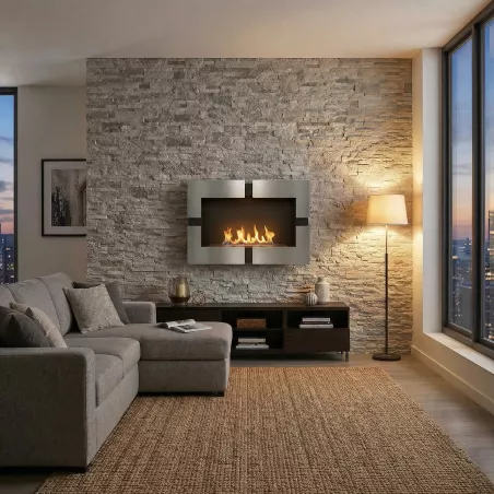 6500 watt wall-mounted ethanol fireplace Bergamo: Wikao Colour Brushed stainless steel