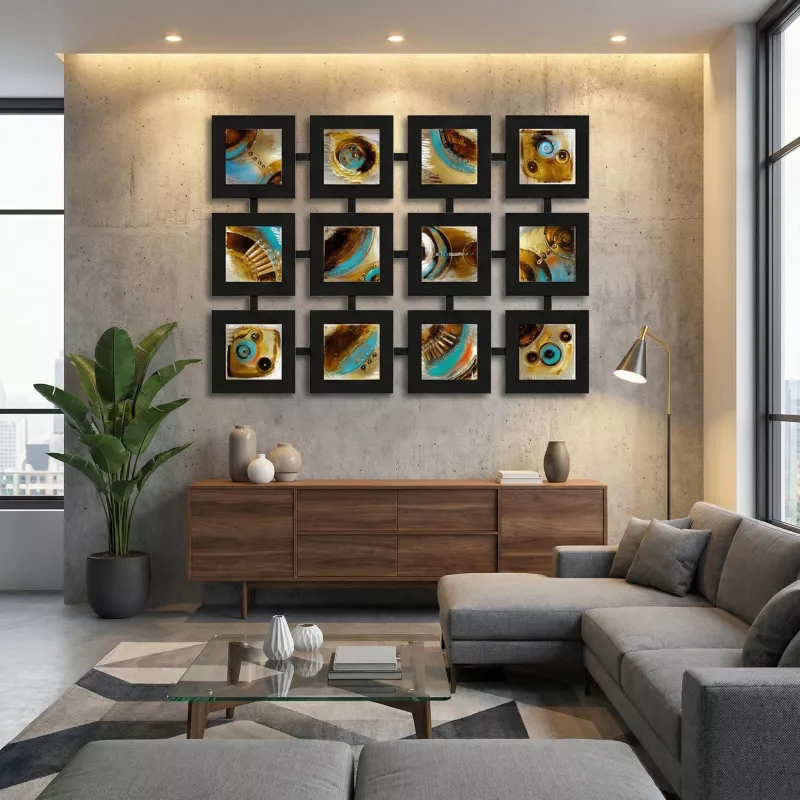 Contemporary painting, 12 linked frames, 135x100 cm