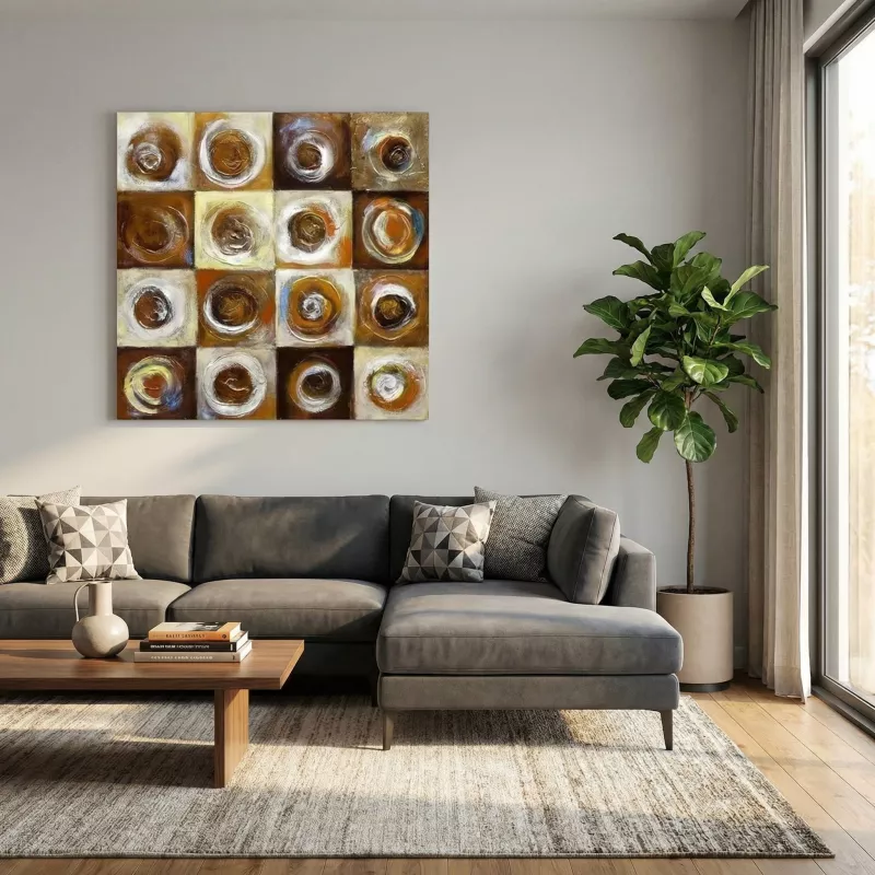 Abstract painting checkerboard and circles 1 m x 1 m