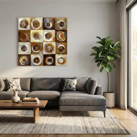 Pintura abstrata com tabuleiro de xadrez e círculos 1 m x 1 m