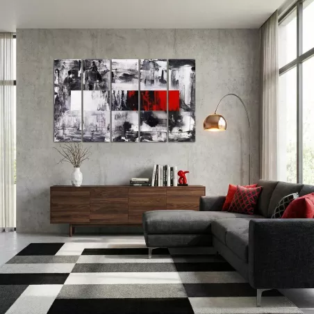 Políptico gráfico de 5 painéis em vermelho, preto e branco.