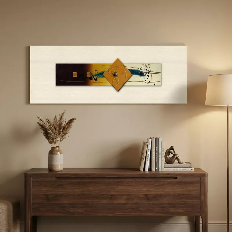 Tableau abstrait jaune et collage verre