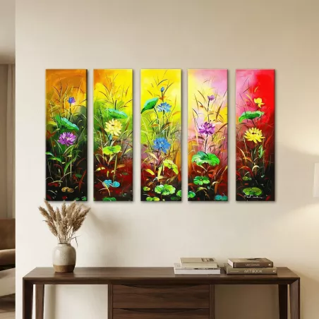 Pintura de outono, o lago e os nenúfares