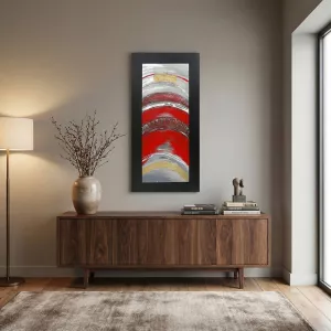 Abstract red paint and metal, 120 x 60 x 4 cm