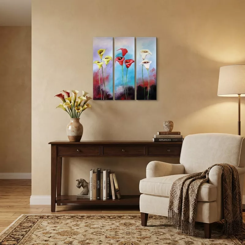 Eksotisk blomstertriptykon, 3 malede paneler