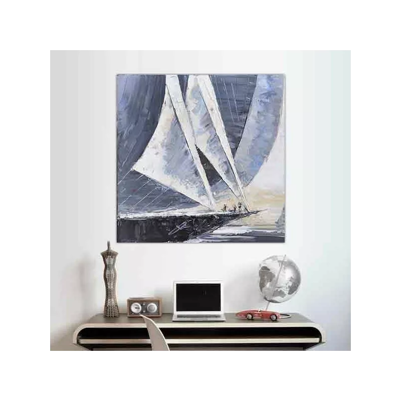 Tableau voilier bleu marine, format 80 x 80 cm